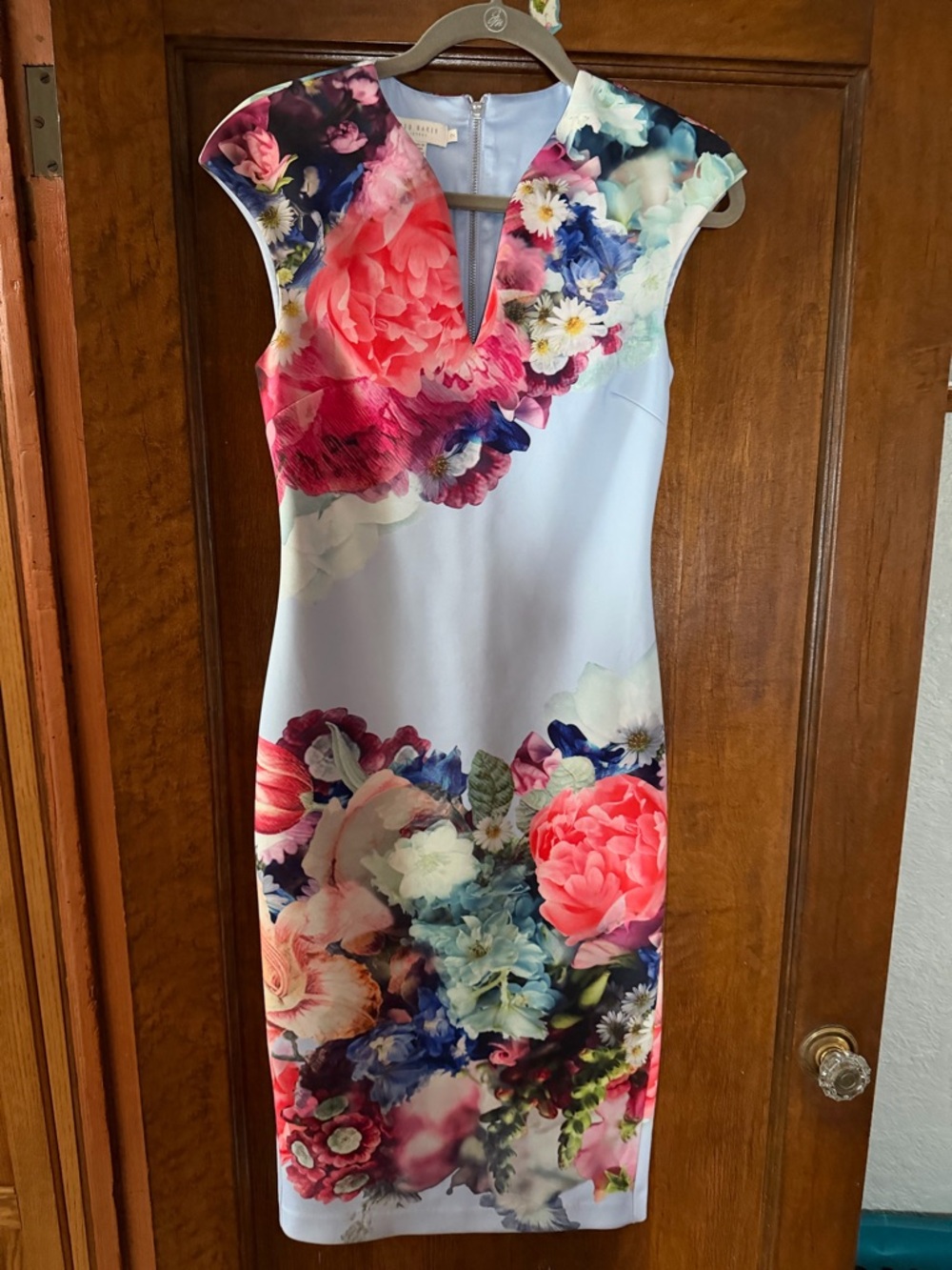 Ted Baker Light Blue Floral Midi Dress with Coral and Navy Accents